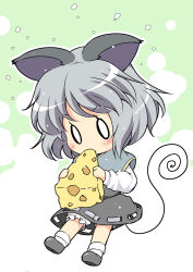 Rule 34 | 0 0, 1girl, animal ears, bloomers, capelet, cheese, chibi, dress, eating, flying sweatdrops, food, grey dress, grey hair, mouse ears, mouse tail, nazrin, o o, pila-pela, solo, tail, touhou, underwear