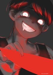 Rule 34 | 1boy, absurdres, close-up, commentary, drooling, english commentary, from below, glowing, glowing eyes, grey background, highres, holding, holding knife, knife, limited palette, looking at viewer, looking down, male focus, omori, omori (omori), open mouth, oso karin524, short hair, simple background, solo, teeth, twitter username, upper body