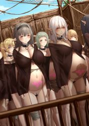 Rule 34 | 6+girls, bandages, bdsm, belly piercing, black hair, blonde hair, blush, breasts, brown hair, censored, collar, ear tag, elf, green hair, highres, large breasts, long hair, market, multiple girls, net, pointy ears, pregnant, pubic tattoo, pussy juice, short hair, slave, slave auction, slave clothes, slave tattoo, tattoo, white hair, yakou (4507770)
