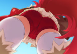 Rule 34 | 10s, 1girl, ass, bad id, bad pixiv id, blue sky, cameltoe, cleft of venus, cure chocolat, day, from below, kenjou akira, kirakira precure a la mode, long hair, mucha (muchakai), outdoors, precure, red shorts, short shorts, shorts, sky, solo, tail, tampon, tampon string, thighhighs, thighs, white thighhighs