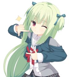 Rule 34 | 1girl, absurdres, blue ribbon, blunt bangs, blunt ends, closed mouth, commentary request, cropped jacket, dress shirt, eyelashes, eyes visible through hair, finger frame, green hair, green jacket, hair ribbon, hands up, highres, hime cut, jacket, kaon zz, long hair, long sleeves, looking at viewer, murasame (senren), official alternate costume, official alternate hairstyle, one eye closed, red eyes, red ribbon, ribbon, sailor collar, school uniform, senren banka, shirt, sidelocks, simple background, smile, solo, sparkle, straight hair, two side up, upper body, very long hair, white background, white sailor collar, white shirt