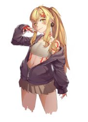 Rule 34 | 1girl, a8980601, absurdres, blonde hair, earrings, fang, fate/grand order, fate (series), female focus, hair ornament, highres, ibaraki douji (fate), jacket, jewelry, long hair, long sleeves, looking at viewer, open clothes, open jacket, pleated skirt, ponytail, sarashi, simple background, skirt, smile, solo, white background, yellow eyes
