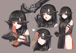 Rule 34 | ..., 1boy, 1girl, afterimage, bad id, bad pixiv id, beruko14, black hair, breasts, brown eyes, caressing testicles, censored, closed mouth, disembodied penis, erection, fellatio gesture, girls&#039; frontline, grey background, handjob, hetero, highres, long hair, looking at viewer, mechanical arms, medium breasts, nipples, nyto (girls&#039; frontline), adeline (girls&#039; frontline), open mouth, paradeus, penis, penis awe, simple background, spoken ellipsis, testicles, tongue, tongue out