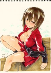 Rule 34 | 1girl, arm support, artist name, black jacket, blush, breasts, brown eyes, brown hair, cleavage, closed mouth, clothes pull, commentary request, dated, dress shirt, frown, girls und panzer, jacket, jacket pull, kiasa, kuromorimine military uniform, long sleeves, looking at viewer, medium breasts, military, military uniform, miniskirt, nishizumi maho, off shoulder, photo (object), pleated skirt, red shirt, red skirt, shirt, short hair, signature, sitting, skirt, solo, sweatdrop, traditional media, undressing, uniform