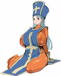 Rule 34 | 1girl, :d, arms behind back, bad id, bad pixiv id, blue hair, blush, bodysuit, breasts, chunsoft, covered erect nipples, cross, curvy, dragon quest, dragon quest iii, enix, fantasy, from side, gloves, hat, huge breasts, latex, latex suit, long hair, looking at viewer, mitre, open mouth, poin (hidsuki), priest (dq3), puffy nipples, red eyes, simple background, sitting, sketch, smile, solo, swept bangs, tabard, white background