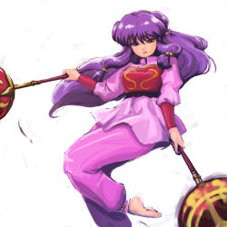 Rule 34 | 1girl, barefoot, bell, chinese clothes, chui, dual wielding, holding, jingle bell, juliet sleeves, light smile, long hair, long sleeves, low-tied long hair, mace, pants, pink pants, puffy long sleeves, puffy sleeves, purple hair, ranma 1/2, shampoo (ranma 1/2), sidelocks, solo, wanta (futoshi), weapon