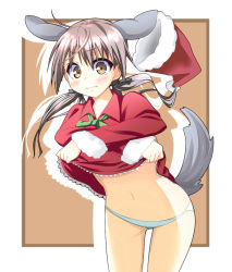 Rule 34 | 1girl, animal ears, bad id, bad pixiv id, brown eyes, brown hair, clothes lift, dog ears, dress, dress lift, gertrud barkhorn, hajime (kin&#039;you club), hat, unworn hat, unworn headwear, long hair, navel, panties, santa hat, solo, strike witches, surprised, tail, twintails, underwear, undressing, wavy mouth, world witches series, x arms