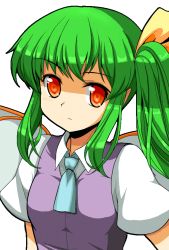 Rule 34 | 1girl, alternate eye color, bad id, bad pixiv id, daiyousei, fairy wings, female focus, green hair, m.u.g.e.n, mono (moiky), necktie, orange eyes, pointy ears, short hair, short sleeves, side ponytail, simple background, solo, touhou, transparent background, white background, wings