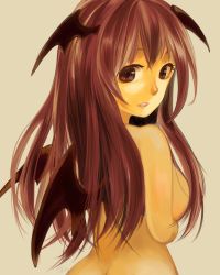 Rule 34 | 1girl, breast hold, breasts, brown eyes, brown hair, demon wings, from behind, hair censor, hair over breasts, head wings, highres, koakuma, large breasts, long hair, looking at viewer, looking back, nude, open mouth, pianousagi, simple background, solo, tan background, touhou, wings