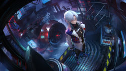 Rule 34 | 1boy, black pants, black sweater, blue footwear, blue jacket, chinese commentary, commentary request, copyright name, fisheye, from above, grey hair, highres, jacket, jewelry, logo, looking at viewer, male focus, necklace, official art, orange eyes, pants, parted bangs, shoes, sneakers, solo, standing, super mecha champions, sweater, turbine, wang-xi, yutong (smc)