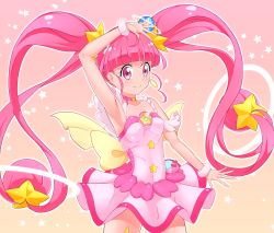 Rule 34 | 1girl, bad id, bad pixiv id, blunt bangs, breasts, choker, closed mouth, collarbone, cowboy shot, cure star, dress, floating hair, hair ornament, hoshina hikaru, long hair, pink background, pink eyes, pink hair, precure, ryounoyoni, short dress, sleeveless, sleeveless dress, small breasts, smile, solo, standing, star (symbol), star hair ornament, star twinkle precure, twintails, very long hair, white dress, wrist cuffs