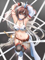 Rule 34 | 1girl, absurdres, arknights, armpits, arms up, bare shoulders, belt, black gloves, black thighhighs, blue eyes, breasts, brown hair, choker, cleavage, commentary request, detached sleeves, foot out of frame, fur trim, gloves, grey background, highres, horns, jewelry, kirin r yato (arknights), large breasts, looking at viewer, monster hunter (series), navel, pendant, pointy ears, solo, stomach, thighhighs, thighs, white choker, yato (arknights), yukinoshiro