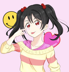 Rule 34 | 1girl, :p, artist name, artist request, black hair, blush, bow, collarbone, female focus, hair bobbles, hair bow, hair ornament, highres, looking at viewer, love live!, love live! school idol project, off-shoulder sweater, off shoulder, parted lips, pink shirt, pua (pixiv787474), red eyes, shirt, short hair, smile, solo, sweater, tongue, tongue out, twintails, yazawa nico