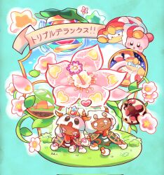 Rule 34 | 3boys, :o, anniversary, aqua background, closed mouth, colored skin, commentary request, dark skin, disembodied hand, fangs, flower, highres, king dedede, kirby, kirby: triple deluxe, kirby (series), leaf, melt74888829, multiple boys, nintendo, on grass, open mouth, pink flower, pink skin, plant, rayman limbs, simple background, sparkle, star (symbol), taranza, translation request, white eyes