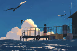 Rule 34 | 1boy, bird, black hair, blue sky, blue theme, child, cloud, commentary request, day, evening, fishing rod, highres, ladder, looking away, male focus, ocean, original, outdoors, pier, scenery, seagull, shack, shirt, short hair, shorts, sky, solo, standing, taizo (taizo 03), tire, twilight, water, waves