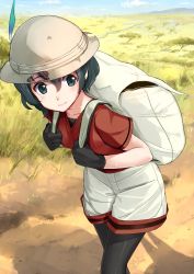 Rule 34 | 10s, 1girl, absurdres, akasaai, animal ears, backpack, bag, black gloves, black hair, black pantyhose, breasts, bucket hat, cowboy shot, day, gloves, hair between eyes, hat, hat feather, highres, kaban (kemono friends), kemono friends, leaning forward, light smile, lips, looking to the side, out of frame, outdoors, pantyhose, red shirt, serval (kemono friends), shirt, short hair, shorts, silhouette, small breasts, solo, wavy hair
