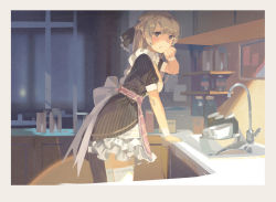 Rule 34 | 1girl, apron, black eyes, blonde hair, hjl, kitchen, long hair, looking at viewer, maid, official art, sink, solo, thighhighs, white thighhighs, wiping face