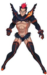 Rule 34 | 10s, 1boy, bad id, bad pixiv id, bandaid, bandaid on face, bandaid on nose, black hair, boots, ch1du, full body, highres, kill la kill, kinagase tsumugu, male focus, manly, midriff, mohawk, multicolored hair, muscular, red hair, revealing clothes, senketsu, solo, suspenders, thigh boots, thighhighs, transparent background, two-tone hair