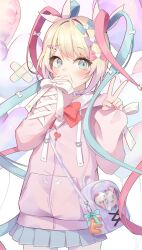 Rule 34 | 1girl, balloon, bandaid, blonde hair, blue bow, blue eyes, blue hair, bow, chouzetsusaikawa tenshi-chan, covering own mouth, hair bow, hand over own mouth, hands up, heart balloon, highres, hood, hooded jacket, jacket, long hair, long sleeves, looking at viewer, multicolored hair, multiple hair bows, munape, nail polish, needy girl overdose, official alternate costume, pien cat (needy girl overdose), pink bow, pink hair, pink jacket, pink nails, pleated skirt, purple bag, purple bow, quad tails, red bow, skirt, solo, v, very long hair