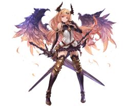 Rule 34 | 1girl, armor, bare shoulders, black gloves, black skirt, blonde hair, breasts, dark angel olivia, feathers, full body, gloves, horns, long hair, looking at viewer, medium breasts, minaba hideo, official art, pleated skirt, red eyes, shadowverse, shingeki no bahamut, skirt, sleeveless, smile, solo, standing, sword, thighhighs, transparent background, weapon, wings, zettai ryouiki