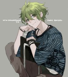 Rule 34 | 10s, 1boy, amami rantaro, bracelet, chair, copyright name, danganronpa (series), danganronpa v3: killing harmony, denim, ear piercing, green eyes, green hair, grey background, head rest, hita (hitapita), jeans, jewelry, lips, looking at viewer, male focus, necklace, pants, piercing, ring, shirt, short hair, signature, simple background, sitting, smile, solo, striped clothes, striped shirt