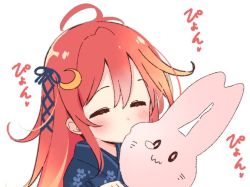 Rule 34 | 0 0, 1girl, :3, ahoge, blush, closed eyes, commentary, cotton candy, crescent, crescent hair ornament, eating, floral print, hair ornament, hair ribbon, japanese clothes, kantai collection, kimono, long hair, portrait, red hair, ribbon, simple background, solo, uzuki (kancolle), white background, yoru nai, yukata