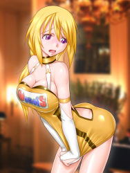 Rule 34 | 10s, 1girl, ^jj^, ass, back cutout, backless outfit, bare shoulders, blonde hair, blush, breasts, bridal gauntlets, butt crack, charlotte dunois, cleavage, clothes writing, clothing cutout, cowboy shot, dress, elbow gloves, gloves, highres, huge breasts, infinite stratos, large breasts, leaning forward, long hair, looking back, no panties, open mouth, purple eyes, race queen, short dress, skirt, skirt tug, solo, standing, thighs, worried