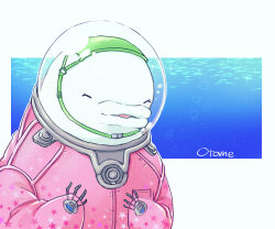 Rule 34 | 1girl, beluga whale, blue background, bodysuit, cappuccino1, character name, closed eyes, gnosia, happy, helmet, highres, looking at viewer, otome (gnosia), red eyes, simple background, smile, space helmet, spacesuit, two-tone background, white background