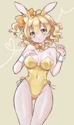 Rule 34 | animal ears, blonde hair, blush, bow, bowtie, breasts, covered navel, cure pine, detached collar, earrings, fake animal ears, fishnet pantyhose, fishnets, fresh precure!, hair ornament, heart, heart earrings, heart hair ornament, highleg, highleg leotard, highres, jewelry, leotard, looking at viewer, medium breasts, medium hair, okayashi, pantyhose, playboy bunny, precure, rabbit ears, side ponytail, strapless, strapless leotard, traditional bowtie, wrist cuffs, yamabuki inori, yellow background, yellow leotard