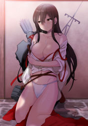 Rule 34 | 10s, 1girl, akagi (kancolle), areola slip, arrow (projectile), blush, breasts, brown eyes, brown hair, cleavage, female focus, gradient background, japanese clothes, kantai collection, kneeling, large breasts, long hair, navel, panties, quiver, solo, sweat, underwear, yamasaki wataru