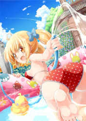 Rule 34 | 1girl, :d, ahoge, aircraft, airplane, ass, barefoot, bikini, blonde hair, blush, breasts, cloud, contrail, day, fang, feet, highres, hose, looking back, medium breasts, naka akira, open mouth, original, polka dot, polka dot bikini, polka dot swimsuit, rubber duck, short hair, short twintails, side-tie bikini bottom, sky, smile, soles, solo, strap gap, swimsuit, toes, trefoil, twintails, wading pool, water, yellow eyes