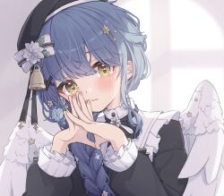 Rule 34 | 1girl, amamiya kokoro, bell, beret, black hat, blue hair, braid, check commentary, commentary, commentary request, frilled sleeves, frills, hair bell, hair ornament, hat, highres, long hair, nijisanji, roku 6, single braid, solo, star (symbol), star hair ornament, virtual youtuber, white wings, wings, yellow eyes