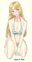 Rule 34 | 1girl, absurdres, bare legs, barefoot, beige background, bikini, blonde hair, blue eyes, blush, breasts, broad shoulders, character request, cleavage, collarbone, embarrassed, full body, highres, long hair, navel, o-ring, o-ring bikini, parted bangs, puchiman, simple background, sitting, solo, striped bikini, striped clothes, sweatdrop, swimsuit, twitter username, wariza, yellow background