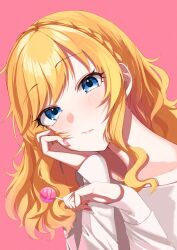 Rule 34 | ban (puka 0507), blonde hair, blue eyes, blush, candy, fingernails, food, hand on own cheek, hand on own face, head tilt, highres, holding, holding candy, holding food, holding lollipop, idolmaster, idolmaster cinderella girls, lollipop, looking at viewer, nail polish, ohtsuki yui, pink background, shirt, simple background, upper body, white shirt