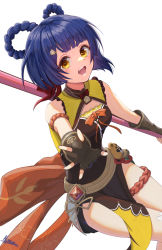 Rule 34 | 1girl, alpaca (alpaca00011), bare shoulders, black gloves, blue hair, blunt bangs, braid, genshin impact, gloves, guoba (genshin impact), hair ornament, hairclip, highres, looking at viewer, open mouth, outstretched hand, polearm, short eyebrows, short hair, sleeveless, smile, solo, thick eyebrows, twin braids, weapon, xiangling (genshin impact), yellow eyes