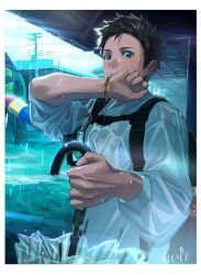 Rule 34 | 1boy, absurdres, bag, black hair, blue sky, bracelet, brown eyes, clenched hands, closed umbrella, hair slicked back, highres, holding, holding umbrella, idolmaster, idolmaster side-m, jewelry, kimura ryu, looking at viewer, male focus, open mouth, rain, shirt, short hair, shoulder bag, sky, t-shirt, transparent, transparent umbrella, uezono (mms), umbrella, upper body, water drop, wet, wet clothes, wet shirt, white shirt