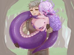 Rule 34 | 1boy, 1girl, breasts, carrying, curly hair, forest, gloves, grey hair, heart, heart-shaped pupils, heavy, highres, hikyou takarasou, huge breasts, lamia, large breasts, long hair, monster girl, nature, original, outdoors, princess carry, purple eyes, purple hair, purple scales, sweat, symbol-shaped pupils, tail, tail wrap, yellow eyes