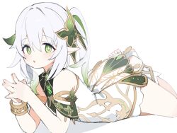 Rule 34 | bloomers, cape, child, cross-shaped pupils, dress, genshin impact, gradient hair, green cape, green hair, green sleeves, hair ornament, highres, hufy, leaf hair ornament, looking at viewer, lying, multicolored hair, nahida (genshin impact), on stomach, pointy ears, side ponytail, stirrup footwear, stirrup legwear, symbol-shaped pupils, toeless footwear, toeless legwear, underwear, white bloomers, white dress, white hair