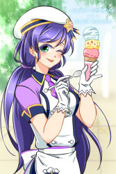 Rule 34 | 1girl, apron, artist name, artist request, back bow, badge, bare legs, blush, bow, cherry017012, collared shirt, female focus, food, gloves, green eyes, highres, holding, holding ice cream cone, ice cream, ice cream cone, long hair, looking at viewer, love live!, love live! school idol festival, love live! school idol project, one eye closed, parted lips, purple hair, purple neckwear, purple shirt, shirt, smile, solo, spoon, star (symbol), star print, tojo nozomi, twintails, white apron, white bow, white footwear, white gloves, white headwear