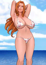 Rule 34 | 1girl, absurdres, armpits, arms behind head, arms up, bikini, bleach, blue eyes, breasts, cloud, day, feet out of frame, female focus, groin, highres, jnsdh, large breasts, legs, long hair, looking at viewer, matsumoto rangiku, mole, mole under mouth, navel, navel piercing, ocean, orange hair, outdoors, parted lips, piercing, sky, smile, solo, standing, swimsuit, thighs, water
