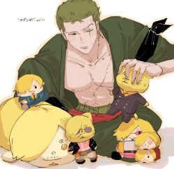 Rule 34 | 1boy, :|, animal ears, blonde hair, cat ears, character doll, closed mouth, collarbone, earrings, facial hair, green hair, green kimono, highres, holding, holding toy, japanese clothes, jewelry, kimono, looking at object, male focus, on floor, one eye closed, one piece, pectorals, roronoa zoro, sanji (one piece), scar, scar across eye, scar on chest, shadow, short hair, sitting, smile, stuffed toy, sunglasses, tokumei neko, toy, white background