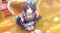 Rule 34 | 1girl, accident, alternate costume, aqua bow, black dress, black hair, black skirt, black sleeves, bow, bowtie, breasts, broken plate, chair, clumsy, cup, detached sleeves, dot nose, dress, enmaided, film grain, fork, frilled dress, frills, from above, game cg, green bow, grey pantyhose, hair bow, ichikishima mizuha, izumi tsubasu, kneeling, lens flare, long hair, maid, maid headdress, medium breasts, neck garter, non-web source, official art, open mouth, pantyhose, plate, purple eyes, re:stage!, reflection, reflective floor, seiza, shiny floor, sitting, skirt, solo, sparkle, straight hair, table, teacup, very long hair, wooden chair, wooden floor, wooden table