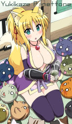 Rule 34 | 1girl, animal ear fluff, animal ears, aqua eyes, blonde hair, blush, breasts, cat, character name, cleavage, commentary request, cup, dog days, fingerless gloves, fox ears, fox tail, gauntlets, gloves, highres, holding, holding cup, japanese clothes, jewelry, large breasts, open clothes, open mouth, pendant, ponytail, purple thighhighs, rainbowcard, seiza, sitting, solo, tail, tea, thighhighs, yukikaze panettone, zettai ryouiki