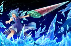 Rule 34 | 1girl, :o, blue eyes, blue hair, bow, cirno, dress, hair bow, highres, holding, huge weapon, ice, ice wings, kokka han, matching hair/eyes, open mouth, outstretched arms, popsicle, short hair, solo, sword, touhou, watermelon bar, weapon, wings
