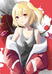 Rule 34 | 1girl, absurdres, alternate costume, bare shoulders, blonde hair, breasts, camisole, cleavage, collarbone, crystal, epokaxia, flandre scarlet, hands in pockets, highres, jacket, looking at viewer, no headwear, off shoulder, open clothes, open jacket, red eyes, red jacket, shirt, solo, tank top, tongue, tongue out, touhou, upper body, white tank top, wings