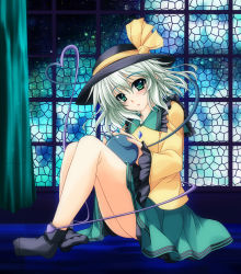 Rule 34 | 1girl, aoi hiro, bow, green eyes, green hair, hat, hat bow, heart, heart of string, komeiji koishi, matching hair/eyes, sash, sitting, solo, stained glass, touhou, wide sleeves