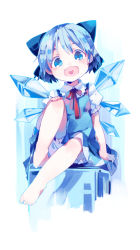 Rule 34 | 1girl, barefoot, bloomers, blue dress, blue eyes, blue hair, bow, cirno, dress, fang, hair bow, heart, heart in mouth, highres, ice, ice cube, ice wings, imoko (imonatsuki), looking at viewer, matching hair/eyes, open mouth, puffy short sleeves, puffy sleeves, shirt, short hair, short sleeves, sitting, sitting on object, smile, solo, touhou, underwear, upskirt, wings