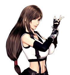 Rule 34 | 1girl, adjusting clothes, adjusting gloves, bad id, bad pixiv id, breasts, brown hair, crop top, dontae, elbow gloves, final fantasy, final fantasy vii, fingerless gloves, fingernails, gloves, highres, large breasts, long hair, low-tied long hair, materia, parted lips, red eyes, shirt, sleeveless, sleeveless shirt, solo, suspenders, tifa lockhart, upper body, white shirt