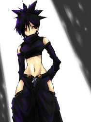 Rule 34 | 1girl, acquire, arms behind back, ayame, ayame (tenchuu), bare shoulders, black hair, crop top, detached sleeves, from software, halterneck, halterneck, hip vent, jin (mugenjin), midriff, navel, ninja, red eyes, narrow waist, solo, tenchu, tenchuu