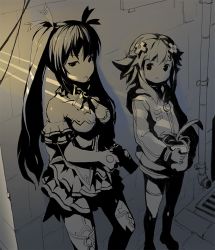 Rule 34 | 10s, 2girls, bare shoulders, black hair, breasts, bucket, d-pad, female focus, greyscale, gun, hair ornament, hair ribbon, hood, hoodie, l.a. noire, leon the professional, long hair, looking at viewer, medium breasts, monochrome, multiple girls, neptune (neptunia), neptune (series), noire (neptunia), parody, plant, potted plant, ribbon, rockstar, segamark, short hair, spot color, standing, thighhighs, twintails, very long hair, weapon